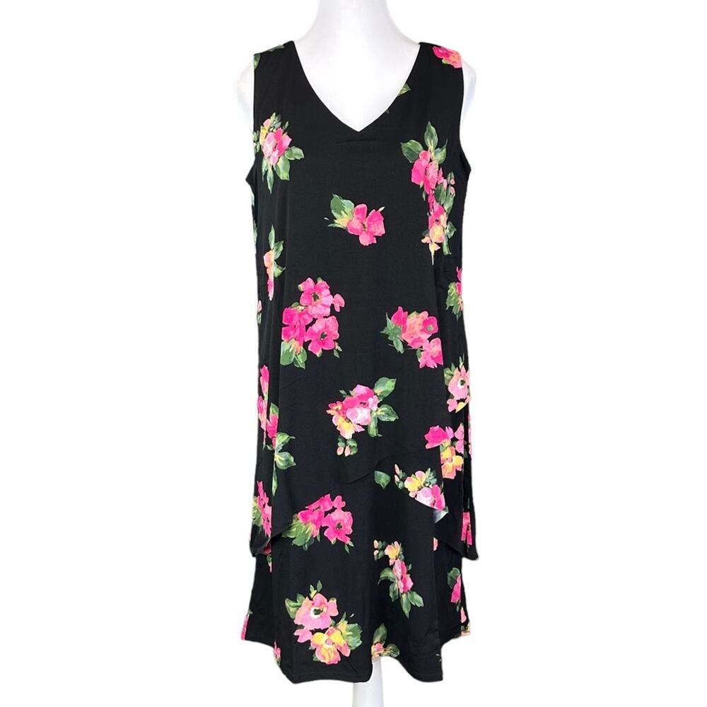 Susan Graver Floral Sleeveless Tiered Dress Size Small Black Pink NEW